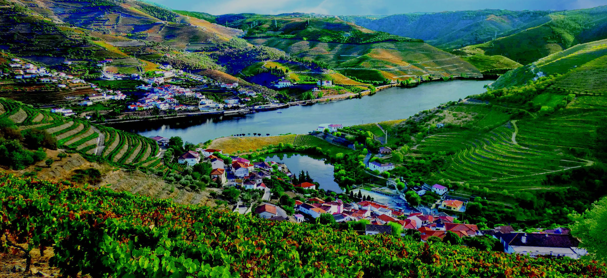 Aerial view of J Wrigley Vineyards with lush green terraced hills and a river flowing through the scenic vineyard estate.