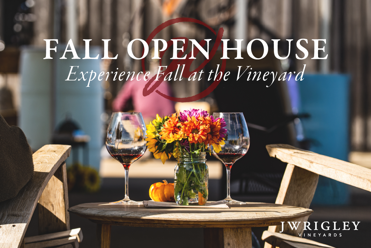 Wine glasses and a flower arrangement at J Wrigley Vineyards fall open house event.